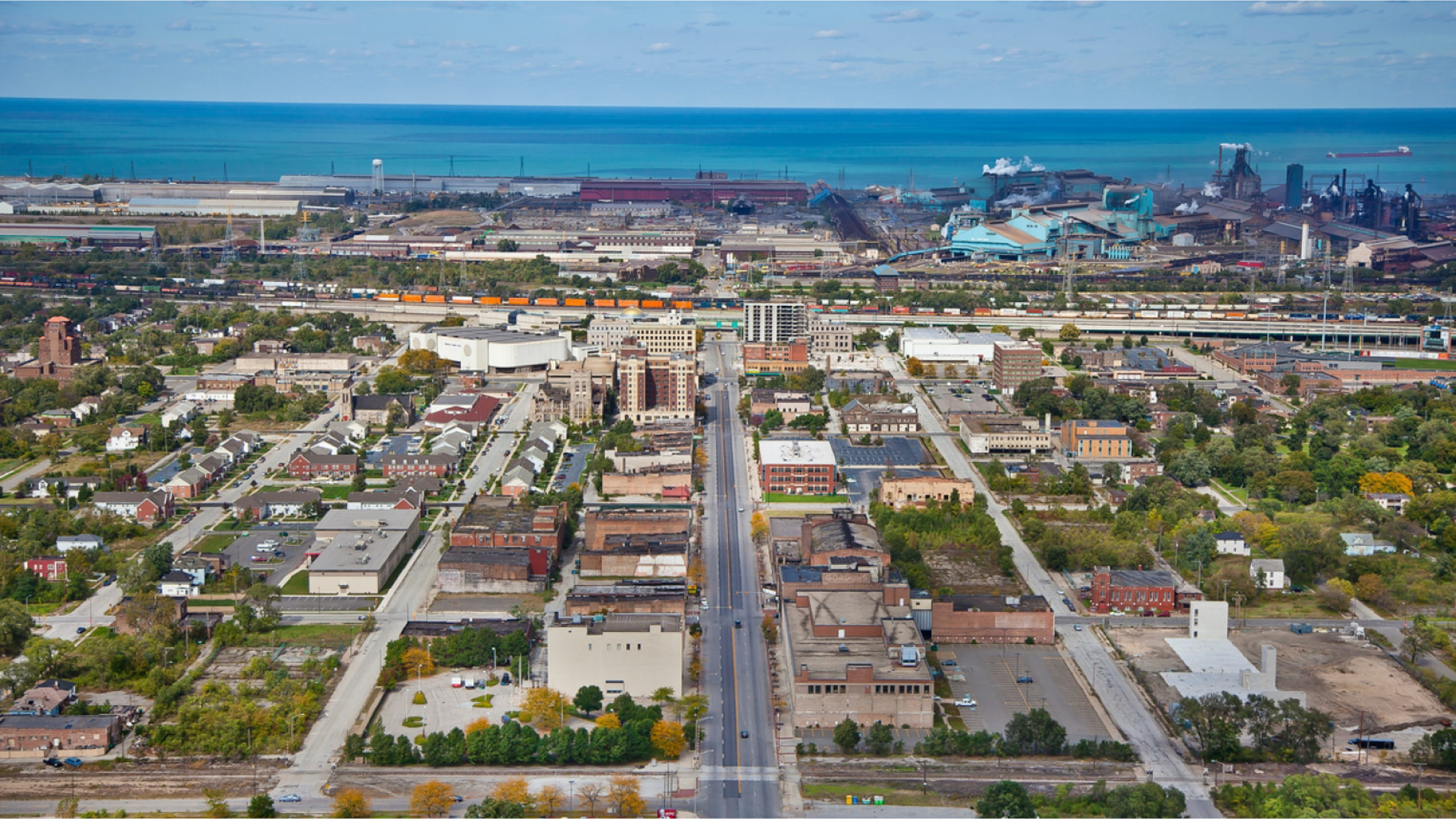 Downtown Gary Indiana city center with historic buildings and commercial properties.