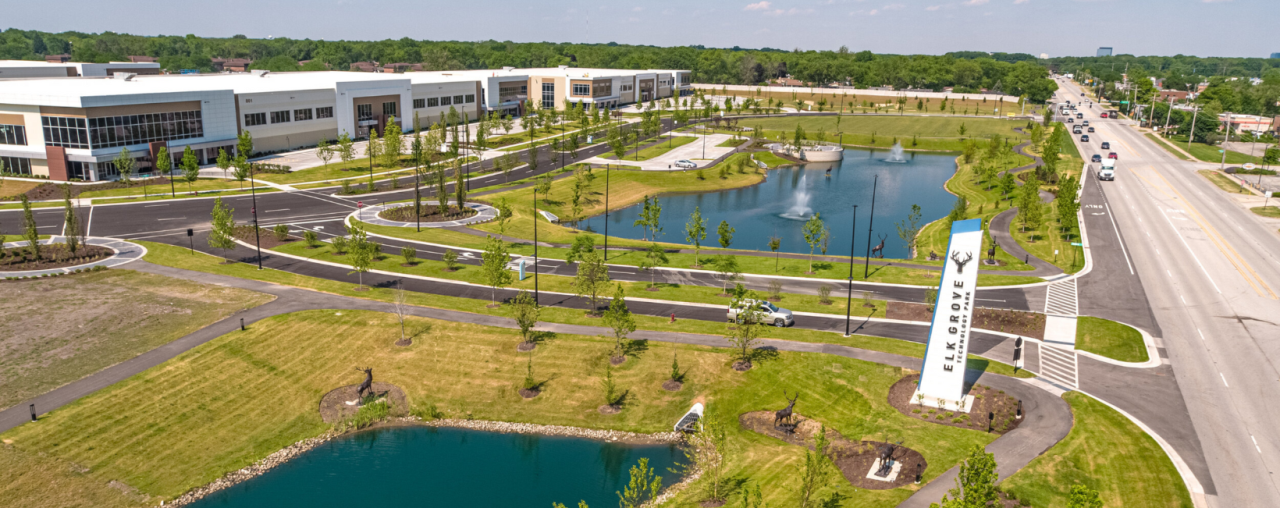 View of warehouses and commercial buildings in Elk Grove Village, Illinois industrial park