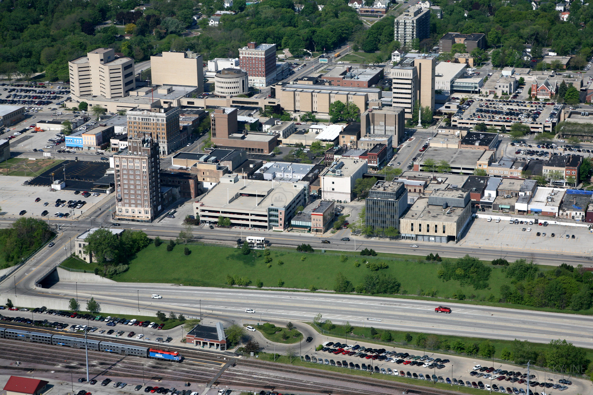 owntown Waukegan Illinois with storefronts offices and commercial buildings needing security solutions